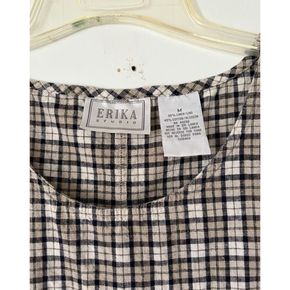 Vintage 90s Erika Studio Linen Beige Gingham Long Jumper Cottagecore Dress Sz M - Picture 6 of 6